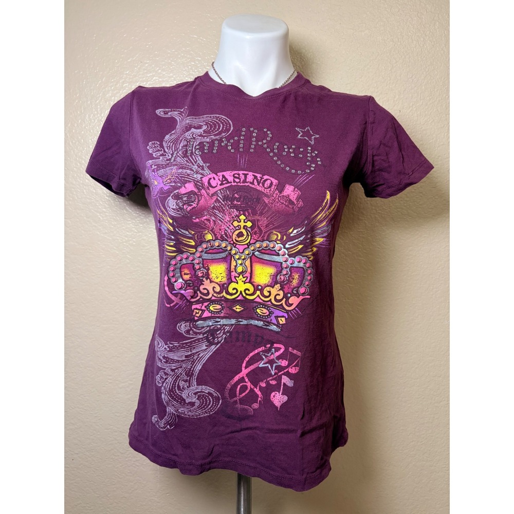 Y2K Hard Rock Purple Graphic T-Shirt Rhinestone Crown Womens L #7